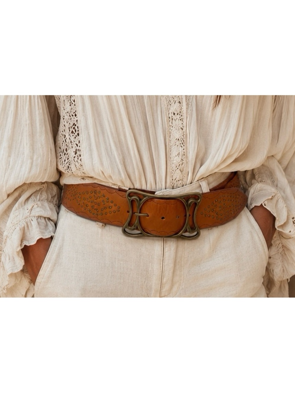 Linea Pelle Collection Wide Leather Statement Belt Brass Buckle Stitching Boho M